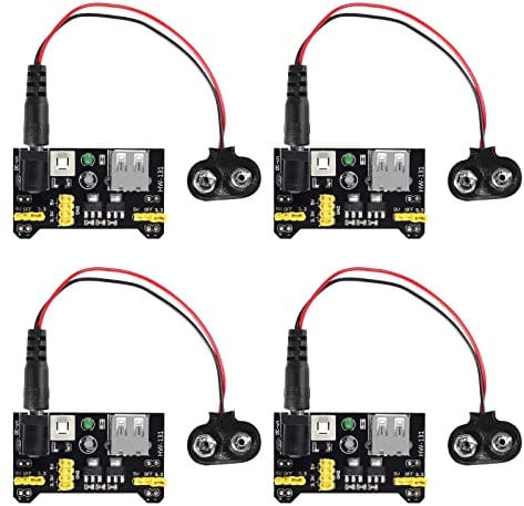 DIANN 4pcs MB102 Solderless Breadboard Power Supply Module 3.3V/5V with 4pcs 9V Battery Clip Buckle T-Type Power Cable Male 2.1MM DC Jack Plug