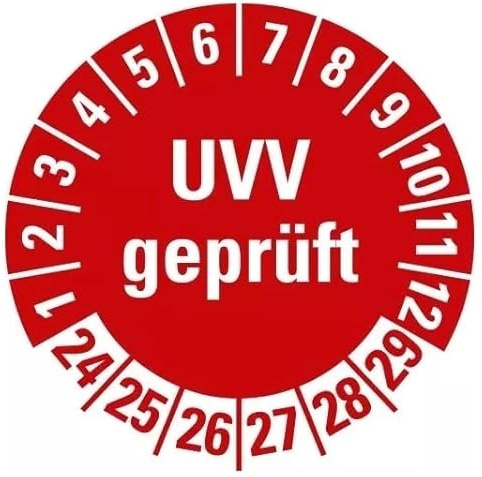 100 Stück – Mehrjahresprüfplakette „UVV geprüft | 24-29“ Etikett Folie Aufkleber, rot | Ø15-40mm Made in Germany, Größe: Ø40 mm