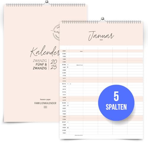 heaven+paper Familienkalender 2025 5 Spalten Boho – A3 Wandkalender 2025 Familienplaner Groß (Made in Germany) Jahresplaner mit Feiertagen, Schulferien, Mond – Kalender Familie 2025 Pastell
