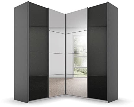 Rauch Möbel Quadra Schrank Eckschrank Schwebetürenschrank, Grau metallic/Hochglanz Effektgrau, Schwarz, 4-trg. mit Spiegel, inkl. 2 Kleiderstangen, 12 Einlegeböden, BxHxT 181x229x187 cm