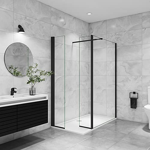 AICA paroi de douche avec retour pivotant 100+40x200cm avec barre de fixation 73-120cm en carré, paroi de douche pivotante 45x200cm, verre 8mm securit anticalcaire, profil Noir mat
