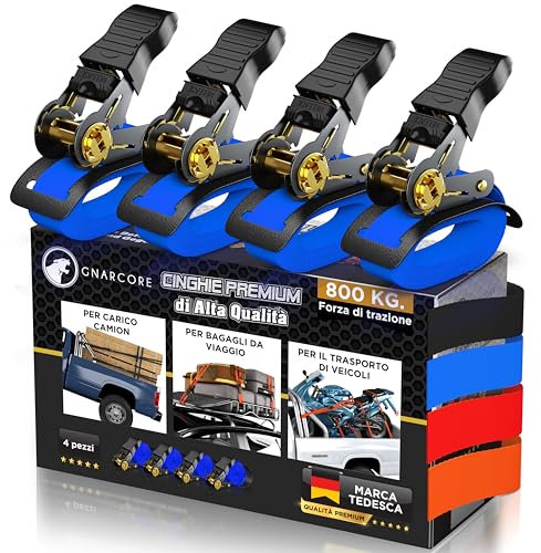 Cinghie di Fissaggio a Cricchetto Premium, Set da 4, Resistenza 800 Kg, Con Borse e Velcro - Certificato DIN EN 12195-2
