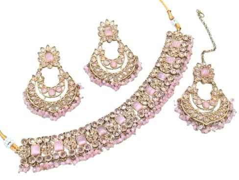 Aurora London Co - Antique Gold and Lilac Indian Jewellrey Set, 3 Piece Traditional Set - Drop Earrings with Beading,Matching Tikka and Adjustable Necklace