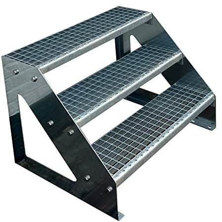 Premium Caillebotis acier Escalier à limon 3 Marches Autoportant Entièrement galvanisé - Dimensions (L x l x H) 63cm x 80cm x 57cm Résistant aux intempéries et protégé contre la corrosion
