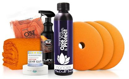 Politurset: Nanolex One-Step Politur + Royal Pads Polierpads + Zubehör - Auto Lack Politur, Kratzer entfernen, Aufbereitung | 7-teilig