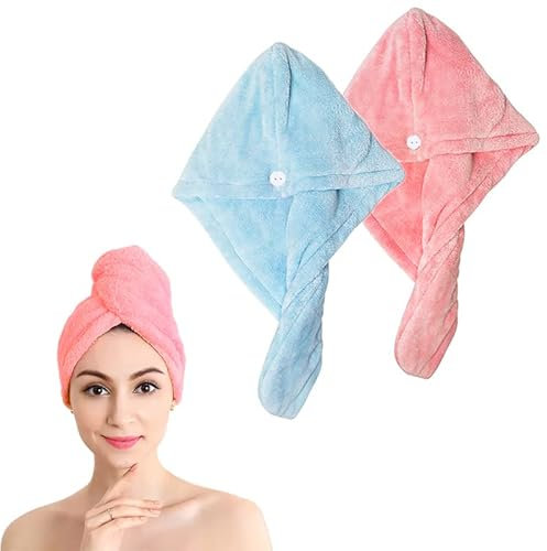 Shakeel Mikrofaser Haarturban | Super Saugfähig für Nasses Haar, Turban Handtuch mit Knopf, Anti-Frizz, Rosa+Blau