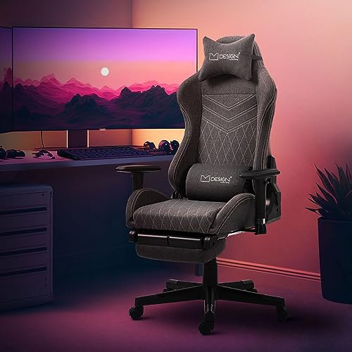 ML-Design Gaming Stuhl, Grau-Weiß, Stoff, Ergonomischer Bürostuhl, Verstellbarer Drehstuhl, Racing Gamer Stuhl mit Armlehne, Kopfstütze, Lendenkissen, Fußstütze, Schreibtischstuhl Sportsitz Chefsessel