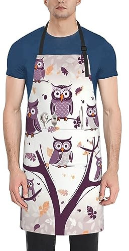RLDOBOFE Schürze mit Eulen-Motiv, wasserdicht, mit verstellbarem Nackenband, Küchenschürze, Kochlätzchen, für Damen und Herren, Kochschürzen, Schwarz, Einheitsgröße