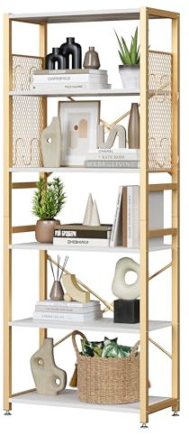 TREETALK 6 Tier Bookshelf, Standing Bookcase with 2 X-shape Strips,Metal Mesh Side Panels, 8 S-shaped Hooks, Industrial Storage Rack for Office, Living Room (Gold)