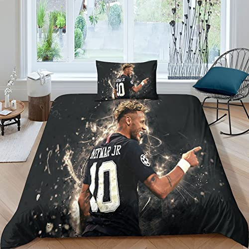 HESHS Neymar-Bettwäsche, 3D Gedruckte Mikrofaser, 3-teilige Kinder, Jungen, Mädchen Bettbezug Set Mit Kissenbezug,Paris St German PSG Für Single(135x200cm) Mit Reißverschluss