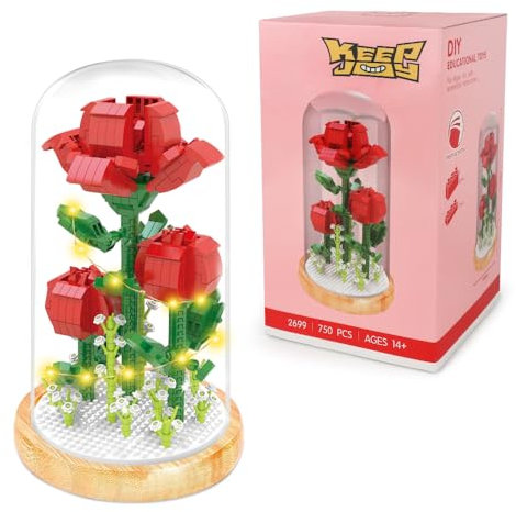 LUFEIS Blumen Bausteine Set, Blumenstrauß Bausteine Rosen, Blumen BausteineBausatz mit Licht und Schutzhülle, Kunstpflanzen Bausteines für Erwachsene, Mama, Freundin, Partner