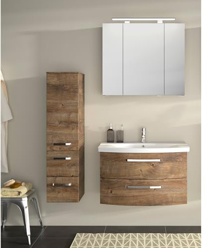 Lomadox Badezimmer Set 3-teilig, Waschtisch 84cm breit, in Eiche Ribbeck | Spiegelschrank mit LED-Aufsatzleuchte, Waschtisch mit Keramikwaschbecken | montiert