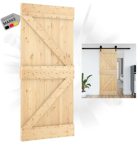 DELUKE® Schiebetür Holz KEOR rustikal Natur | 95x210cm, Kiefernholz Tür | ohne Beschlag | Holzschiebetür Scheunentür Schiebetüren Holztür Schiebetürsystem Zimmertür Innentür