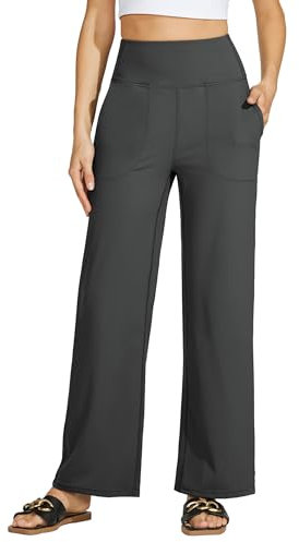 WILLIT Yogahose Damen Weites Bein Sporthose Hohe Taille Yoga Hosen Bauchkontrolle Schlaghose Freizeithose Frauen Jogginghose mit Taschen 28 Dunkelgrau M