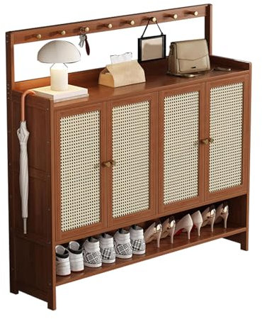 Freistehender Schuhschrank mit Haken, Bambus Schuhschrank Hoch, Flur Schuhaufbewahrung Organisator für Eingangsbereich, Wohnzimmer, Schlafzimmer, Tiefe 32cm