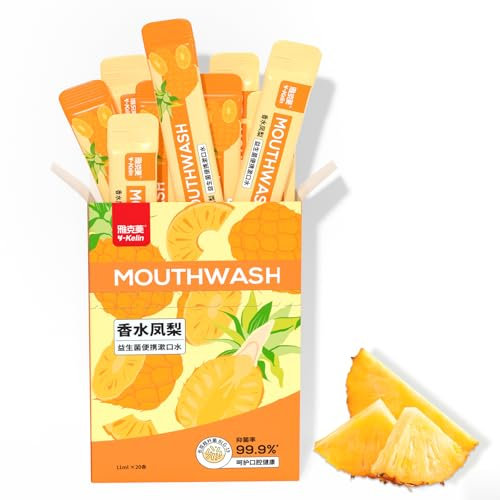 Y-kelin Mundwasser ohne Alkohol, Mundwasser für Erwachsene, hilft 99% der Mundgeruch verursachenden Bakterien abzutöten, beugt Karies vor, fluoridfrei, mit frischem Ananas-Geschmack, 10 Beutel.