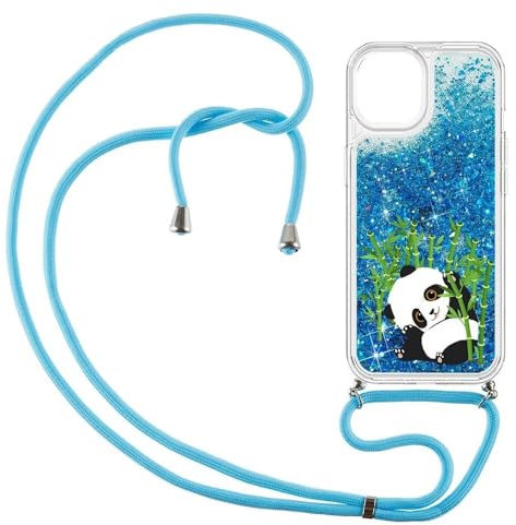 SEHEYA Handy Kette Hülle für Xiaomi Mi 11 Lite 4G/5G/5G NE Flüssigkeit Glitzer Handyhülle zum umhängen Transparent Silikon Schutzhülle mit Band Kordel Case Mädchen, Blau Panda