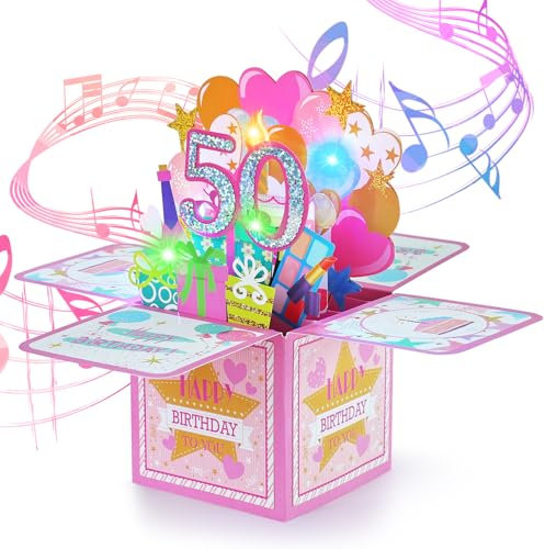 Joyoldelf Geburtstagskarte für Damen, 50 Jahre, Musikkarte, 3D, Pop-Up, Geschenk zum Geburtstag für Mädchen, ideal für Mutter, Freundin, Mutter, Schwester, Freundin, Begleiter, Familienfeier