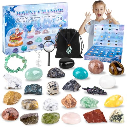 Adventskalender 2025 Edelstein Kristalle für Kinder 24 Tage Weihnachten Adventskalender Countdown Überraschungen mit Natürlichen Edelsteine Geschenke für Jungen Mädchen Geologie Enthusiasten Christmas