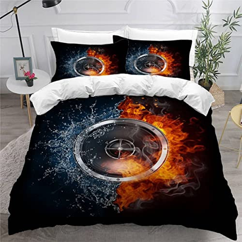 3D-Bettwäsche-Set mit Feuereismusik, 135 x 200 cm, weiche Mikrofaser, Bettbezug-Set für Kinder, bequemer Einzelbettbezug mit Reißverschluss und Kissenbezug, für Jungen, Mädchen, Teenager,