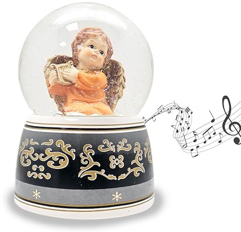 Schneekugel Weihnachten Engel terrakotta mit Harfe Gold | Sockel mit Ornamenten schwarz grau | mit Spieluhr „Beethoven | Höhe: 140mm Breite: 100mm | 20034