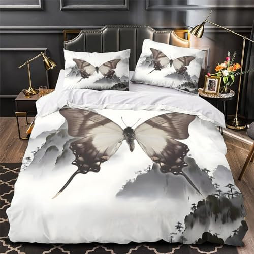 Juego de funda de edredón de microfibra con estampado de mariposas y tinta 3D, con cierre de cremallera, ropa de cama de larga duración para dormitorio principal, tamaño King (220 x 240 cm)