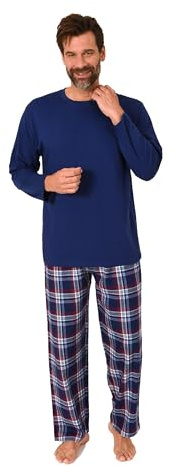Normann Herren Schlafanzug lang, Pyjama mit Flanell-Hose in Karo-Optik