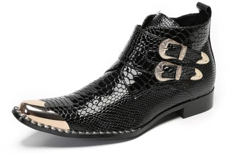 Rui Landed Stivaletti da uomo in pelle di serpente fatti a mano in vera pelle con doppio cinturino Monk Stivaletti eleganti in metallo con punta a punta e stivali Chelsea con cerniera laterale discote