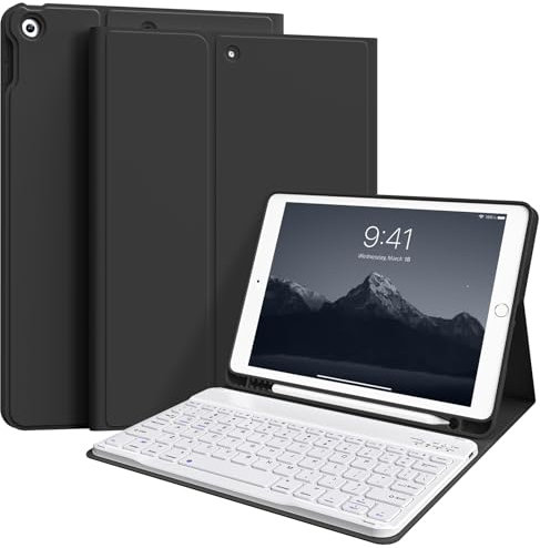 ZKTUYU Tastatur Hülle für iPad 9./ 8./ 7.Gen (2021/2020/2019) mit Stifthalter, Soft TPU Schutzhülle, magnetisch Abnehmbarer Tastatur mit QWERTZ Layout für iPad 10.2 Zoll, Schwarz
