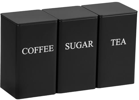MENIBBLER 3Pcs Tea Coffee Sugar Canisters, Metal Coffee and Sugar Containers, Versatile Kitchen Storage Jars with Airtight Lids, Decorative Storage Tins for Home Kitchen (Black)