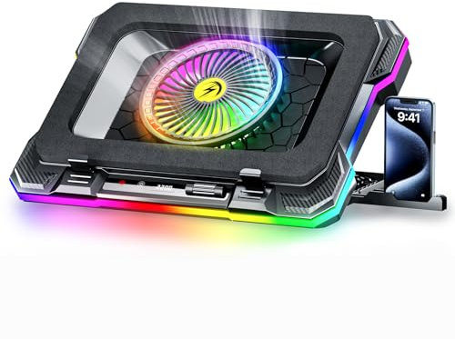 ChillCore RGB Gaming Laptop Cooling Pad con 5.5 pollici Turbo Fan, raffreddamento rapido per computer portatili da 15,6 a 19,5 pollici, controllo della velocità variabile, 7 altezze regolabili - K1 5V