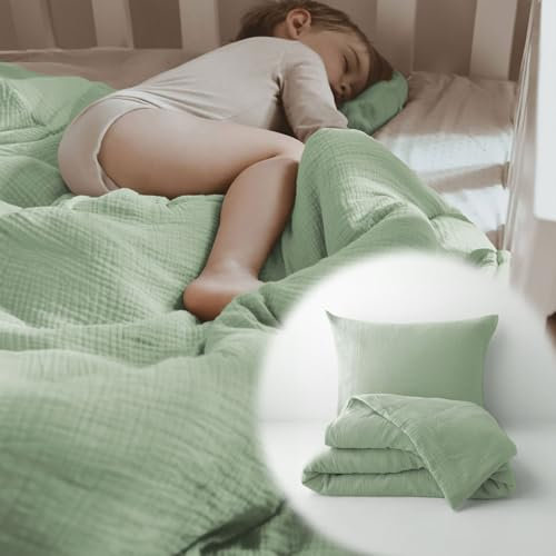 PaLulli® Bettwäsche Musselin Set 100x135 cm | Kissenbezug 40x60 cm | Kinderbettwäsche aus 100% Bio Baumwolle Oeko-TEX zertifizierte Babybettwäsche 100x135 cm + 40x60 cm (Salbei grün)