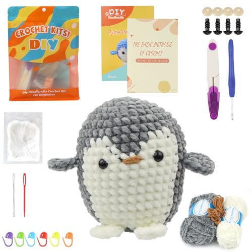 SUEOUX Häkelnadel Set für Anfänger, Häkelset für Tiere, Anfängerset zum Häkeln Geschenk für Geburtstage, Häkeln für DIY Häkelsets für Erwachsene mit Schritt-für-Schritt Videoanleitungen (grau Pinguin)