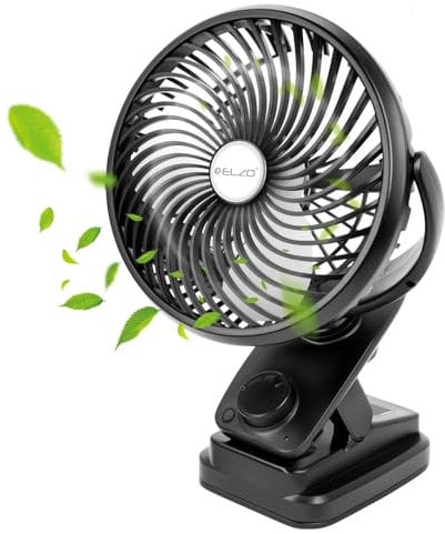 ELZO USB Ventilador con Clip, 20000 mAh Recargable Mini Portátil Silencioso Luz LED Rotación de 360° Velocidad Continua Ventilador para Coche Dormitorio Oficina Camping Cochecito de Bebé