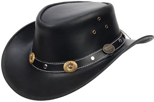 Shadow Peak Lederhut – Handgefertigter Westernhut im Outback-Look, wasserabweisend & langlebig, perfekter Begleiter für Abenteuer, Festivals & Reisen (DE/NL/SE/PL, Alphanumerisch, L, Schwarz)