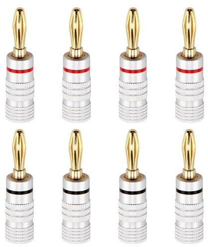 LANAFAY 8pcs Banana Plugs, 24K Gold Plated 4mm Speaker Connectors, Speaker Wire Connectors for Speakers Amplifier Hi-Fi AV Receiver Stereo Home Theatre Audio Wire Cable Screw Connector(Black and Red)