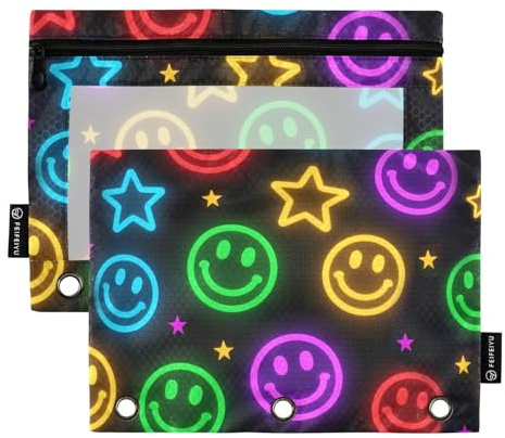 OWFKAY Federmäppchen für 3-Ring-Ordner, Großpackung mit 3 Löchern, Reißverschluss-Taschen mit transparentem Fenster, Graffiti-Smiley-Muster, 2 Stück, Graffiti-Smiley-Gesicht, one sizex2, Kulturbeutel