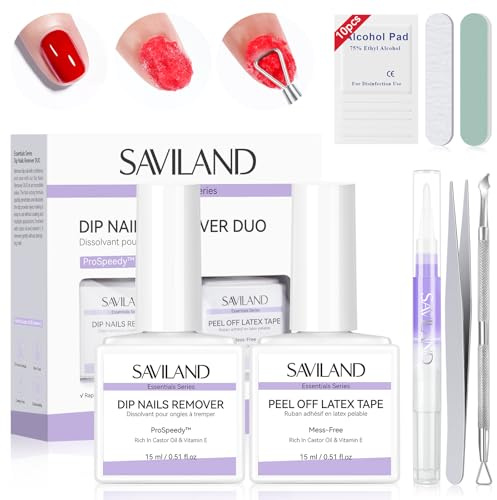 SAVILAND Essentials Dip Powder Entferner Set: Schnelle Entfernen Dipping Powder Nail Remover mit Liquid Latex Peel off Nagellack Cuticle Öl Nail Tool für Entfernen Dip Nägel Kein Einweichen Einwickeln