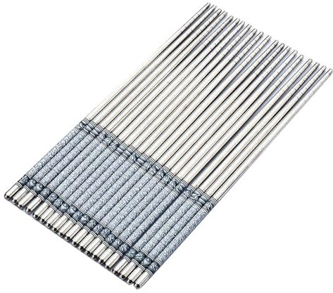 Drikou 1 paire baguettes en acier inoxydable, motif en porcelaine blanc bleu anti-glissement réutilisable en métal léger baguettes chinoises pour cuisine