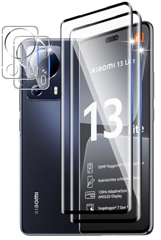 DXULWLM 2+2 Piezas Cristal Templado para Xiaomi 13 Lite,con protector de Lente de cámara,HD transparente,3D Cobertura Completa,Dureza 9H,Sin Burbujas,Anti-Arañazo Protector de Pantalla
