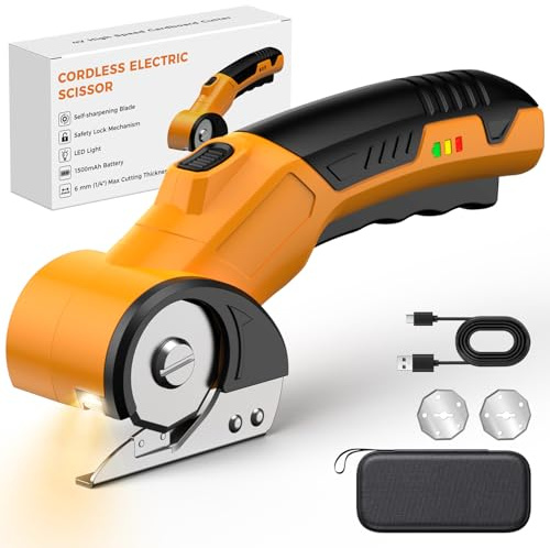 Kartonschneider 4V Elektrischer Schere Kabellose Rollschneider Universalschneider Wiederaufladbar Rotationsschneider Akkuschere für Papier, Pappe, Teppich, Leder, Filz, Kunststoff - mit Ersatzklinge