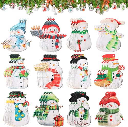 MBAIYO 36 Pcs Christmas Snowman Ornaments Decoration, Wooden Hanging Snowman Decor Wooden Christmas Ornaments for Xmas Tree Farmhouse Home Party Winter Xmas Supplies
