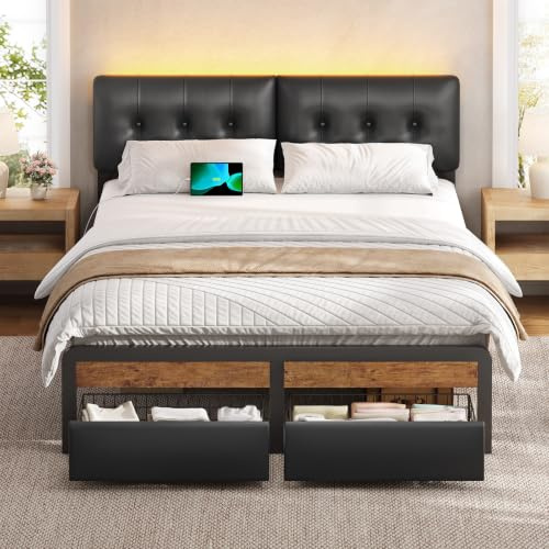 KIMENICH Double Bed Frame, Metal Bed 135 x 190 cm with 2 Drawers, 4FT6 Double Metal Bedframe with Sockets, Upholstered Height-Adjustable Headboard with LED Lighting, Easy Assembly, PU Black