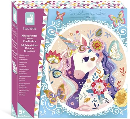 Janod – Kreativset „Multi-Activités Licorne” – 13 Aktivitäten zum Verzieren – Mosaike, Glitzeraufkleber und Goldpapier – ab 6 Jahren