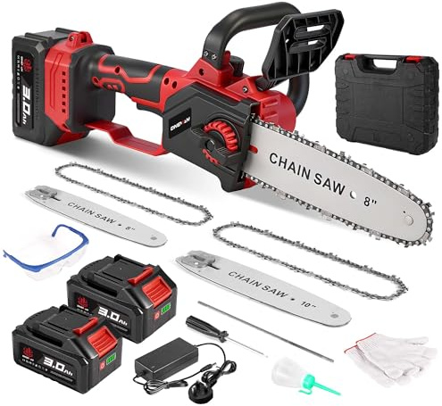 Electric Chainsaw Cordless - 8 Inch & 10 Inch Brushless Chain Saw Set, 10m/s Chain Speed, Max Cutting Diameter 7.8 Inch, Battery Chainsaw with Auto Oiling, 2*3.0Ah Battery, Tool-Box, for Cutting Wood