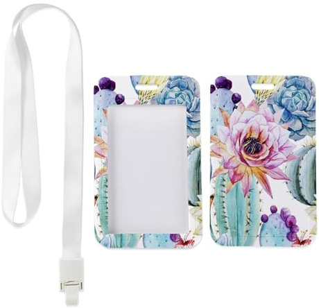 Purple Cactus Fruits Card Holder with White Lanyard, Bus Pass Holder, Vertical Name Badges Protector for School, Vertical ID Cards Protector for Women Men, Delivery Driver Accessories Teacher Stuff