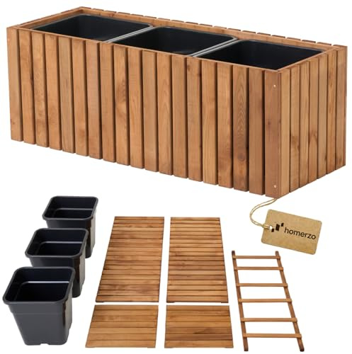 HOMERZO Blumenkasten Holz Braun zum Selbstaufbau - Rechteckiger Pflanzkübel groß für Garten & Balkon - wetterfest mit 18L Pflanzeinsatz - DIY Outdoor Pflanzkasten (Vertikal-braun, 98x36 H35)