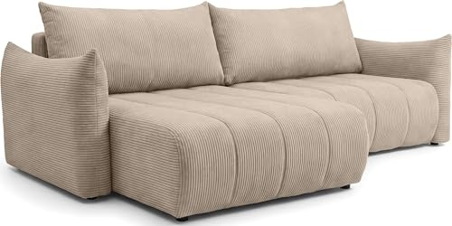 WFL GROUP Ecksofa mit Schlaffunktion & Bettkasten – Skandi 4-Sitzer Schlafsofa in L-Form – Freistehende Eckcouch, Ottomane Links oder Rechts Montierbar – Liegefläche 220 × 145 cm – Cordstoff Beige