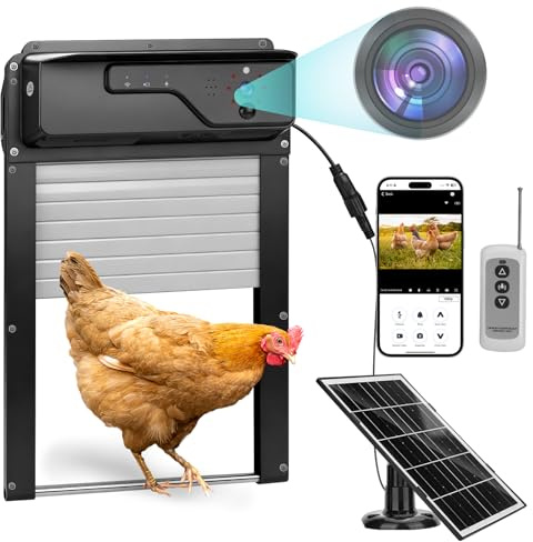Puerta Gallinero Automatica Solar con Cámara 1080P, Control por Aplicación y WiFi, Visualización Estado Puerta en Tiempo Real, Función de Aviso sonoro y Temporizador, Batería 5000 mAh