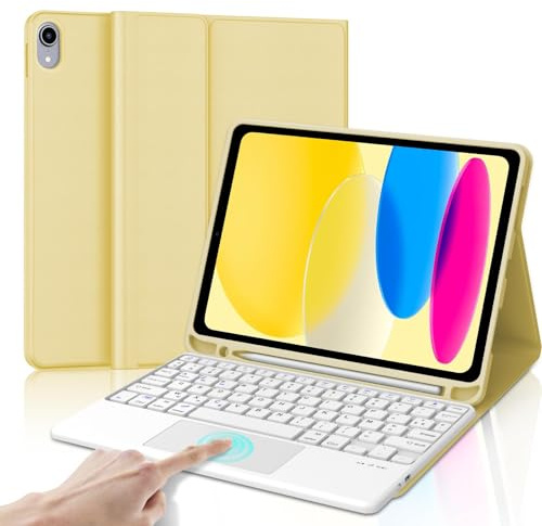 Coque Clavier pour iPad A16 11/10 Ème Generation 2025/2022 11/10.9 Pouces | Pavé tactile, Étui Keyboard Touchpad Détachable Bluetooth sans Fil, AZERTY Français avec Porte Crayon, Jaune clair